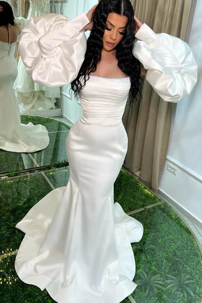 Strapless  Mermaid Prom Dress Lace-Up Back Detachable Sleeves