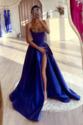 sleeveless A-line evening prom dress with sweetheart neckline and split beads