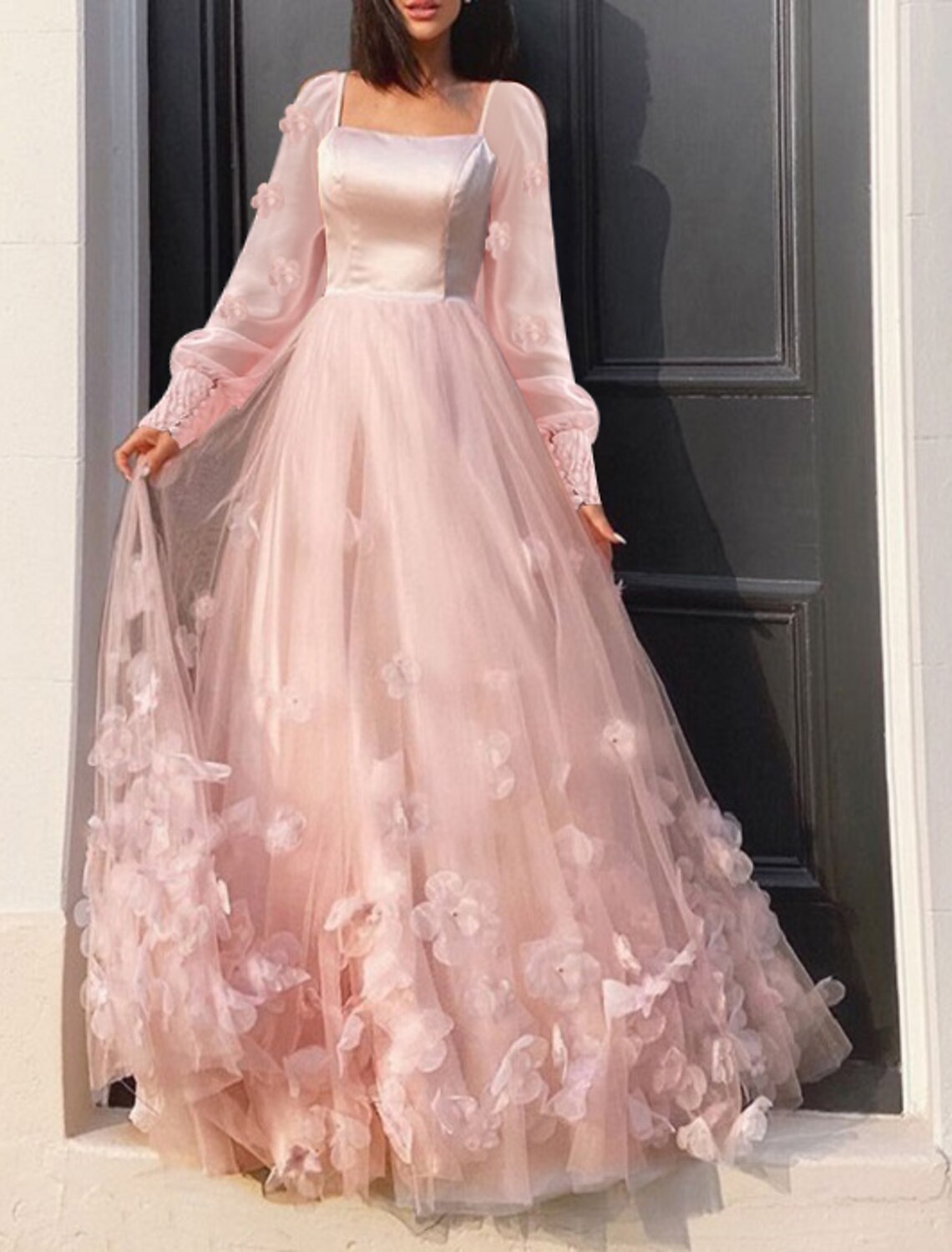 A-Line Prom Dresses Maxi Dress Wedding Guest Sweet  Floor Length Long Sleeve Scoop Neck Tulle