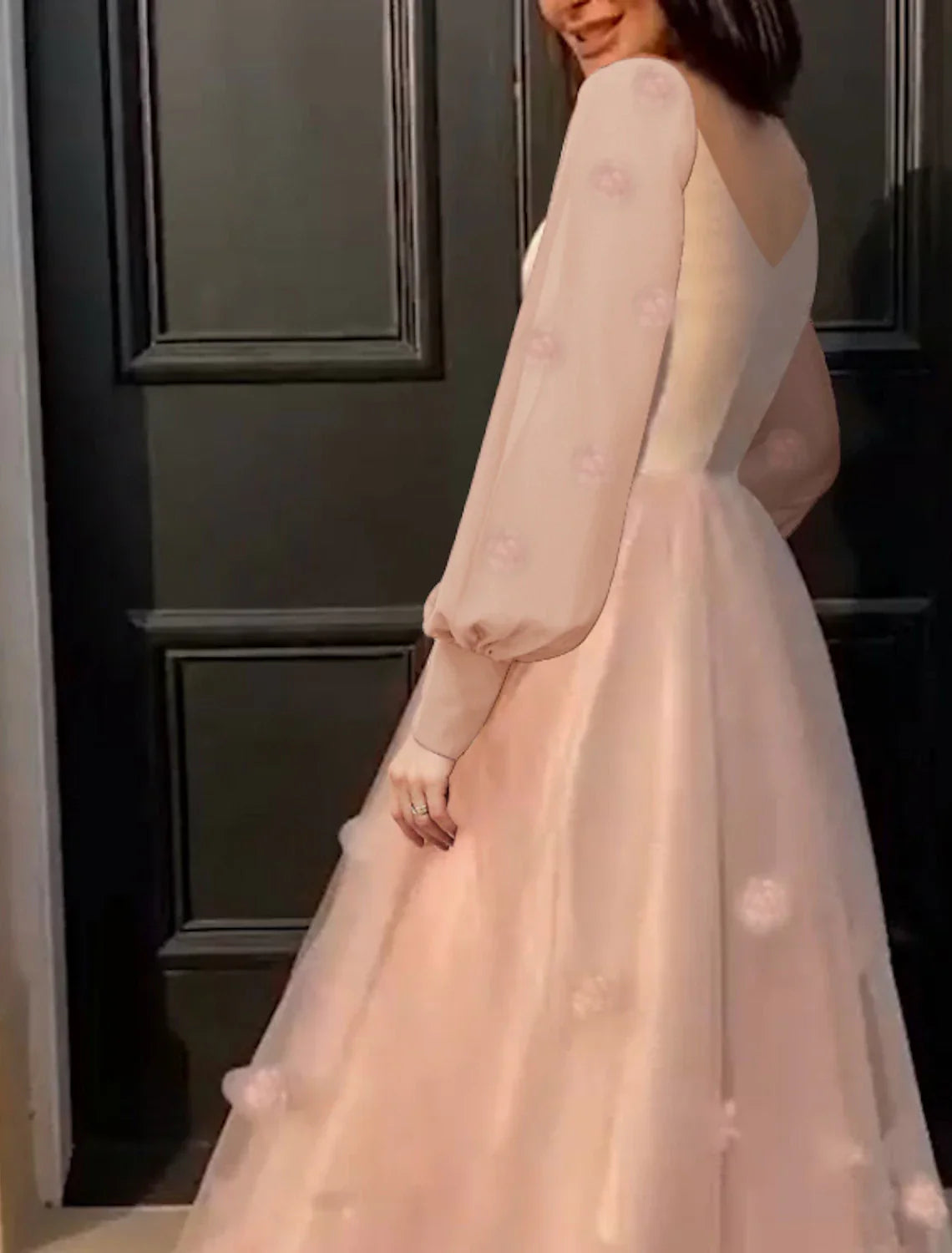A-Line Prom Dresses Maxi Dress Wedding Guest Sweet  Floor Length Long Sleeve Scoop Neck Tulle