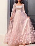A-Line Prom Dresses Maxi Dress Wedding Guest Sweet  Floor Length Long Sleeve Scoop Neck Tulle