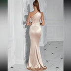 Luxe baby one shoulder slit thigh party formal prom gown dress