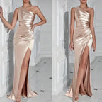 Luxe baby one shoulder slit thigh party formal prom gown dress