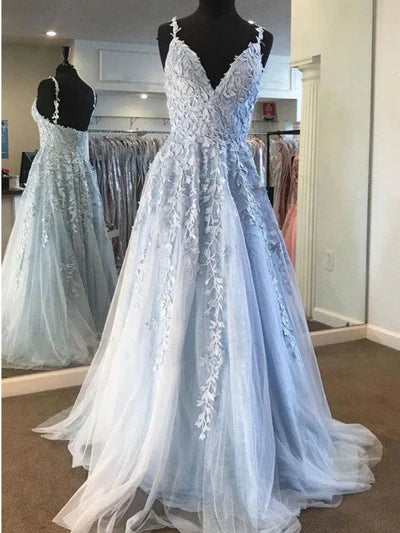 Lace Prom Dresses Deep V-neck A Line Long Party Elegant Floor Length Women Evening Gowns