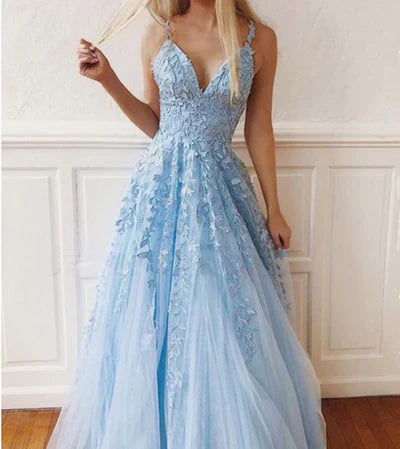 Lace Prom Dresses Deep V-neck A Line Long Party Elegant Floor Length Women Evening Gowns