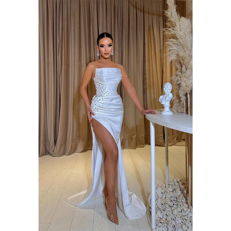 Sheath Strapless Satin Pleated Beads Long Prom Dress with Slit