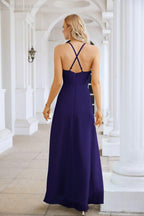 Ladies Chiffon Spaghetti Strap V Neck Front Slit Floor Length Bridesmaid Evening Dress Prom Party Wedding Evening Dress 28116
