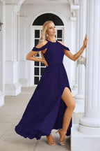 Ladies Chiffon Off Shoulder Swing Sleeve Front Slit Bridesmaid Evening Dress Wedding Party Evening Dress 28117