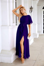 Ladies Chiffon Sleeve Crew Neck Front Slit Floor Length Bridesmaid Evening Dress Wedding Party Evening Dress 28124