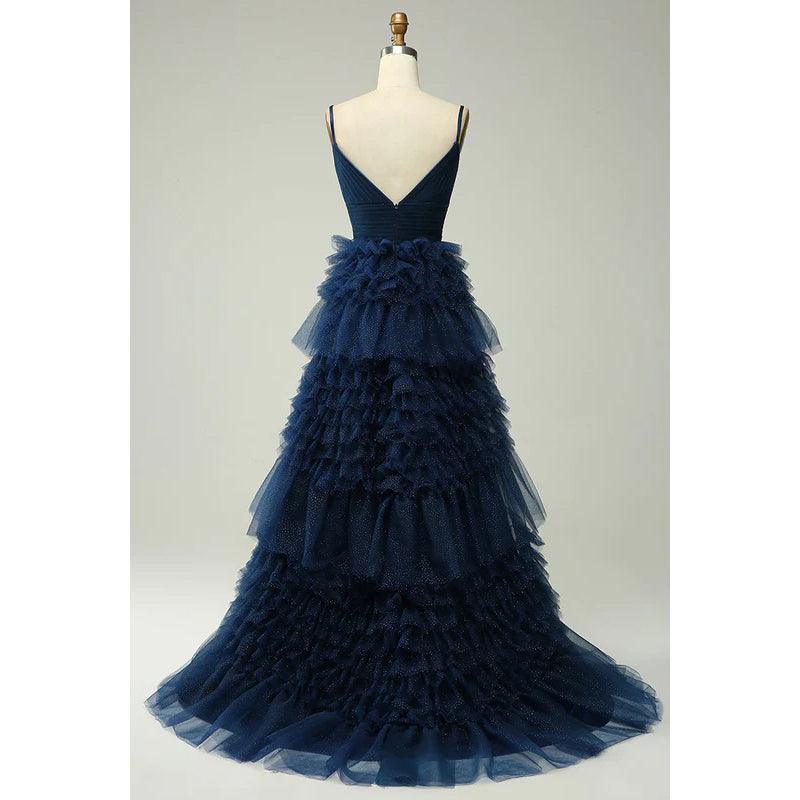 V-Neck Spaghetti Straps Ruched Tulle A-Line Long Homecoming Court Dress