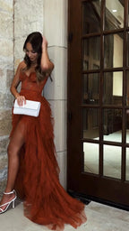 Sweetheart High Low Tiered Formal Dress Tulle Long Evening Prom Dresses