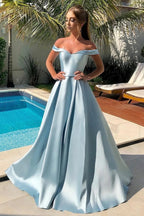 A Line Off the Shoulder Blue Long Prom Dress
