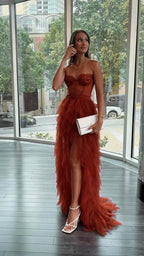 Sweetheart High Low Tiered Formal Dress Tulle Long Evening Prom Dresses