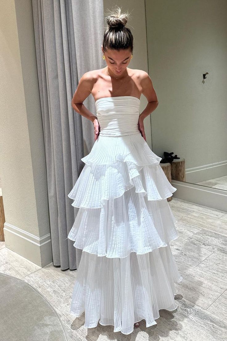 Strapless Pleated Layers Long Prom Dress Sleeveless Evening Gown