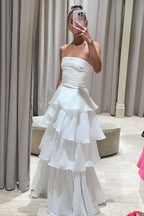 Strapless Pleated Layers Long Prom Dress Sleeveless Evening Gown