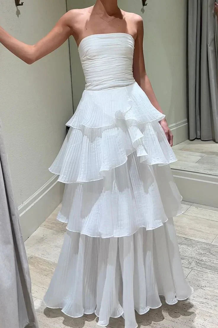 Strapless Pleated Layers Long Prom Dress Sleeveless Evening Gown