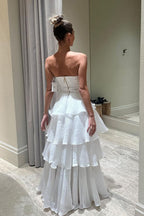 Strapless Pleated Layers Long Prom Dress Sleeveless Evening Gown