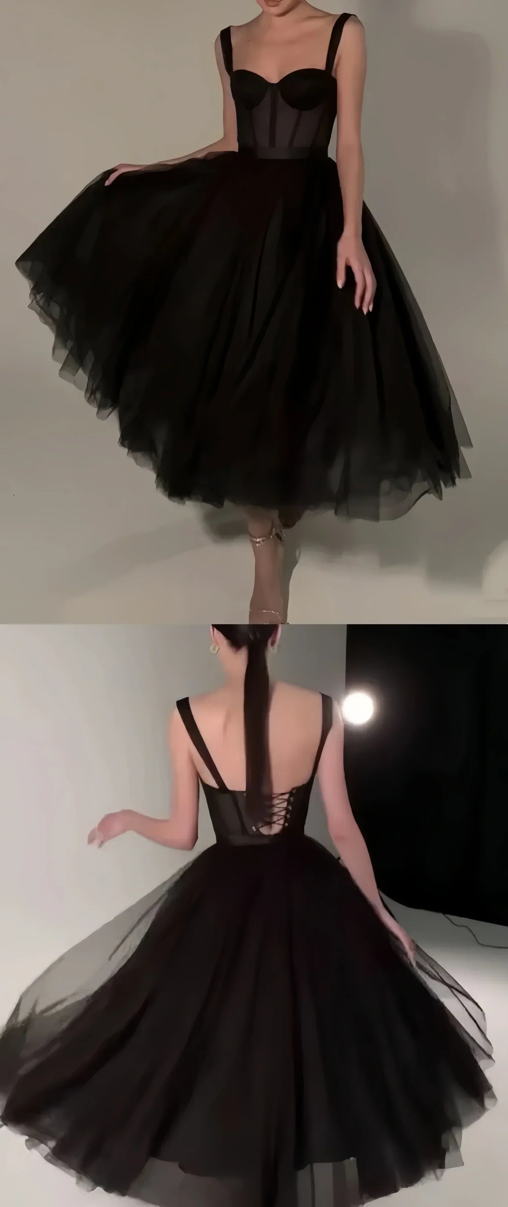Midi Dress Tulle Prom Dress Black Formal Dresses A-line Evening Dresses