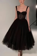 Midi Dress Tulle Prom Dress Black Formal Dresses A-line Evening Dresses