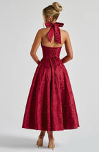 Tulle plunging halterneck and tie-back floral jacquard midi ball gown