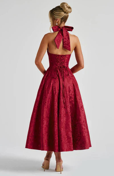 Tulle plunging halterneck and tie-back floral jacquard midi ball gown