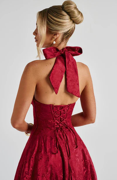 Tulle plunging halterneck and tie-back floral jacquard midi ball gown