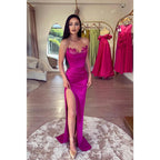 Sexy V Neck Satin Pleats Sheath Long Prom Formal Dress with Slit