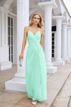Ladies Chiffon Spaghetti Strap V Neck Front Slit Floor Length Bridesmaid Evening Dress Prom Party Wedding Evening Dress 28116