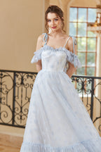 Princess A Line Off the Shoulder Light Blue Long Prom Dress