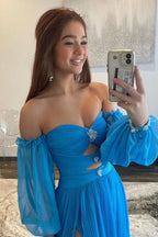 A Line Sweetheart Blue Long Prom Dress with Split Front