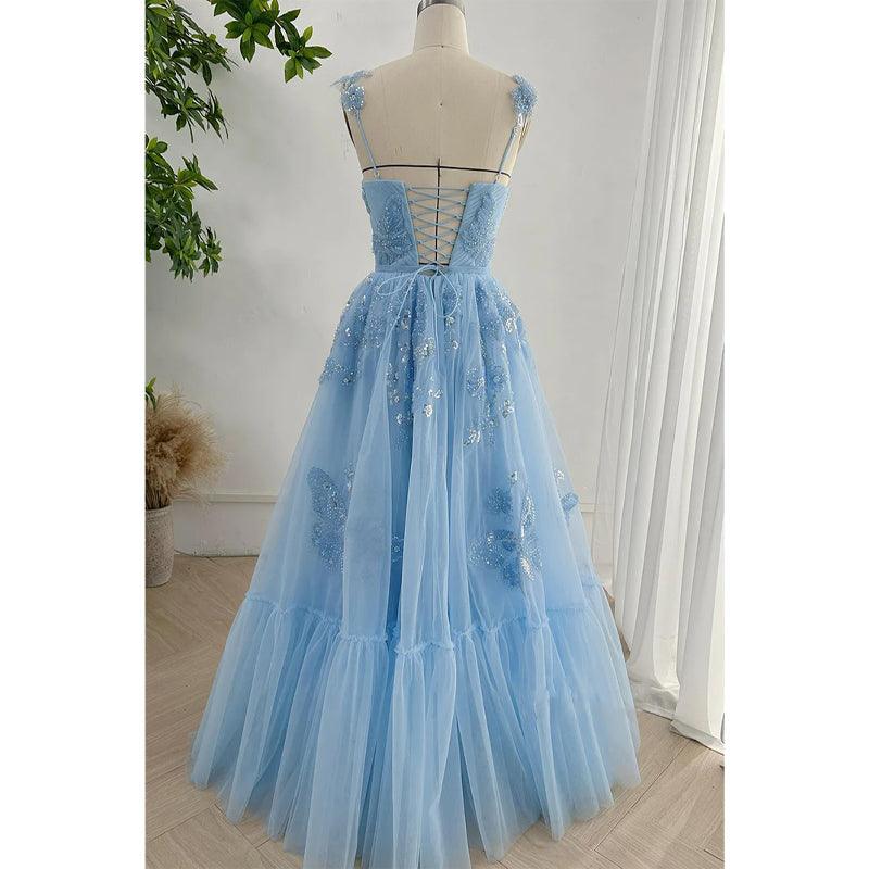Tulle A-line V-neck Spaghetti Straps Lace Applique Beaded Party Prom Evening Dress