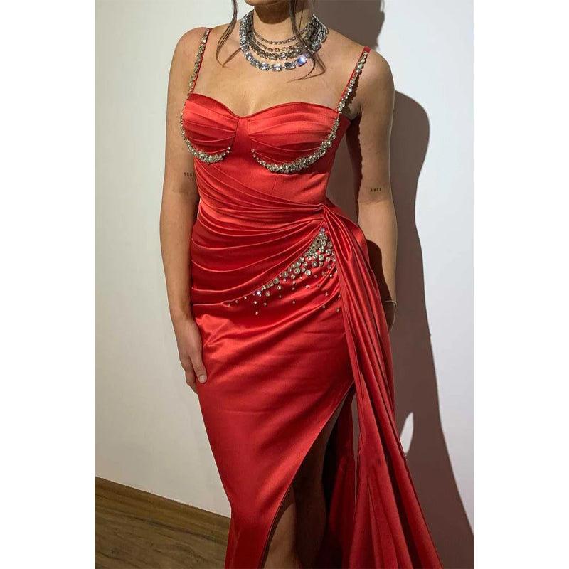 Sweetheart Spaghetti Straps Beaded with Side Slit Train Party Prom Evening Dress
