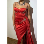 Sweetheart Spaghetti Straps Beaded with Side Slit Train Party Prom Evening Dress