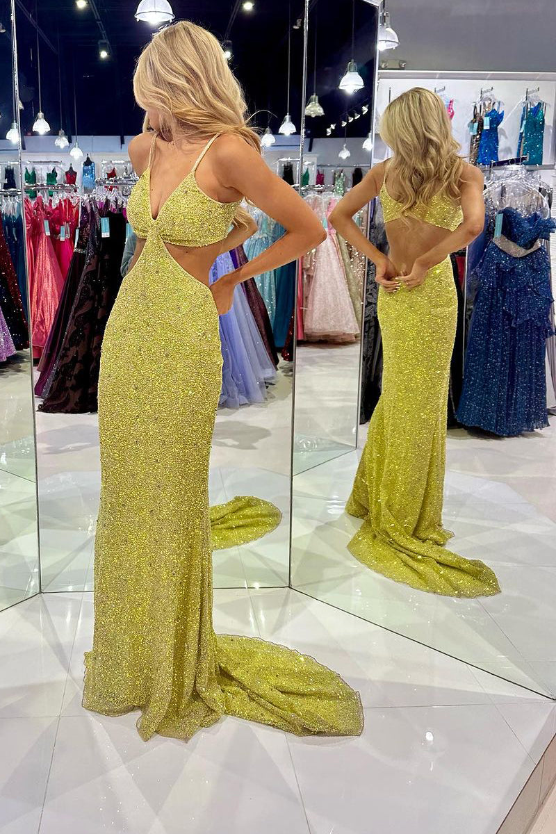 Mustard Green Sequins Deep V Neck Cutout Long Prom Dresses