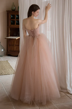 Off Shoulder Pink Tulle Long Formal Dress A-line Princess Prom Dress Evening Dress