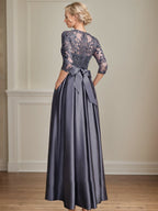A-line Scoop Illusion Floor-Length Satin Lace Mother of the Bride Dress With Sequins Bow