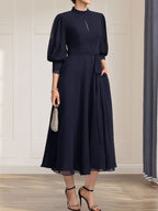 A-line High Neck Tea-Length Lace Chiffon Mother of the Bride Dress With Bow