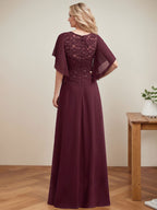 A-line Scoop Illusion Floor-Length Lace Chiffon Mother of the Bride Dress With Sequins