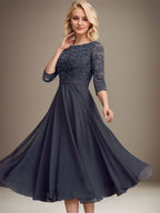 A-line Scoop Tea-Length Lace Chiffon Mother of the Bride Dress With Sequins