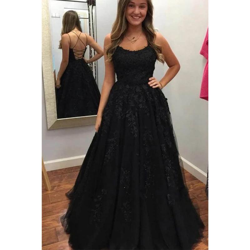 Red Tulle Appliques Spaghetti Straps A-line Long Prom Dress Lace-up