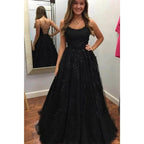 Red Tulle Appliques Spaghetti Straps A-line Long Prom Dress Lace-up