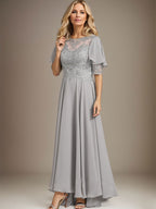 A-line Scoop Illusion Asymmetrical Chiffon Lace Mother of the Bride Dress With Beading