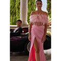 Strapless Feather Sheer Ruched Sheath Long Prom Formal Gown