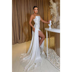 Sheath Strapless Satin Pleated Beads Long Prom Dress with Slit