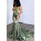V-Neck Sleeveless Appliqued Sheer Tulle Mermaid Long Prom Evening Dress