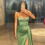 Sheath/column Strapless Beaded Green Long Sleeves Prom Dress with Slit