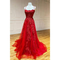 Unique Scoop Tulle Appliques Red Senior Prom Dress