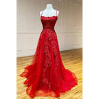 Unique Scoop Tulle Appliques Red Senior Prom Dress