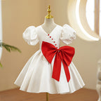 Baby Girls First Communion Dress Girl Red Bow Wedding Puff Seeves Birthday Princess Dress