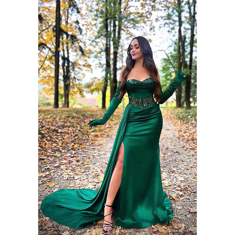Sweetheart Strapless Appliqued Ruched Satin Sheath Long Prom Evening Dress